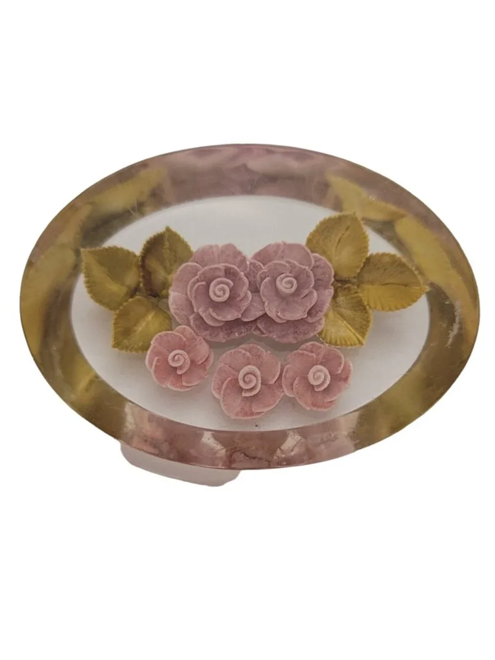 Vintage Clear Lucite Resin Reversed Carved Pink Rose Flower Oval Brooch Pin E269